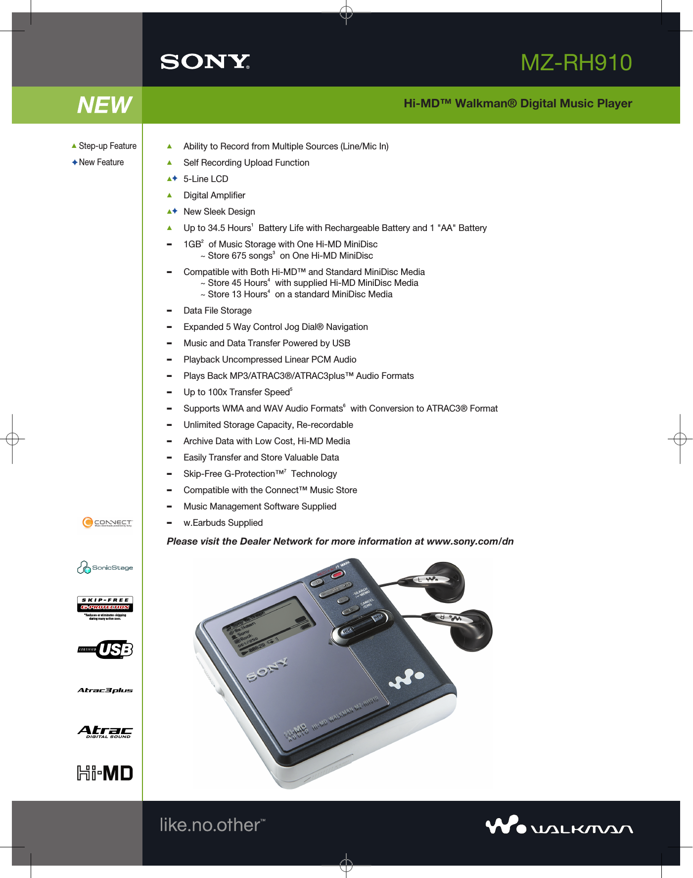 Page 1 of 2 - Sony MZ-RH910 User Manual Marketing Specifications MZRH910 Mksp