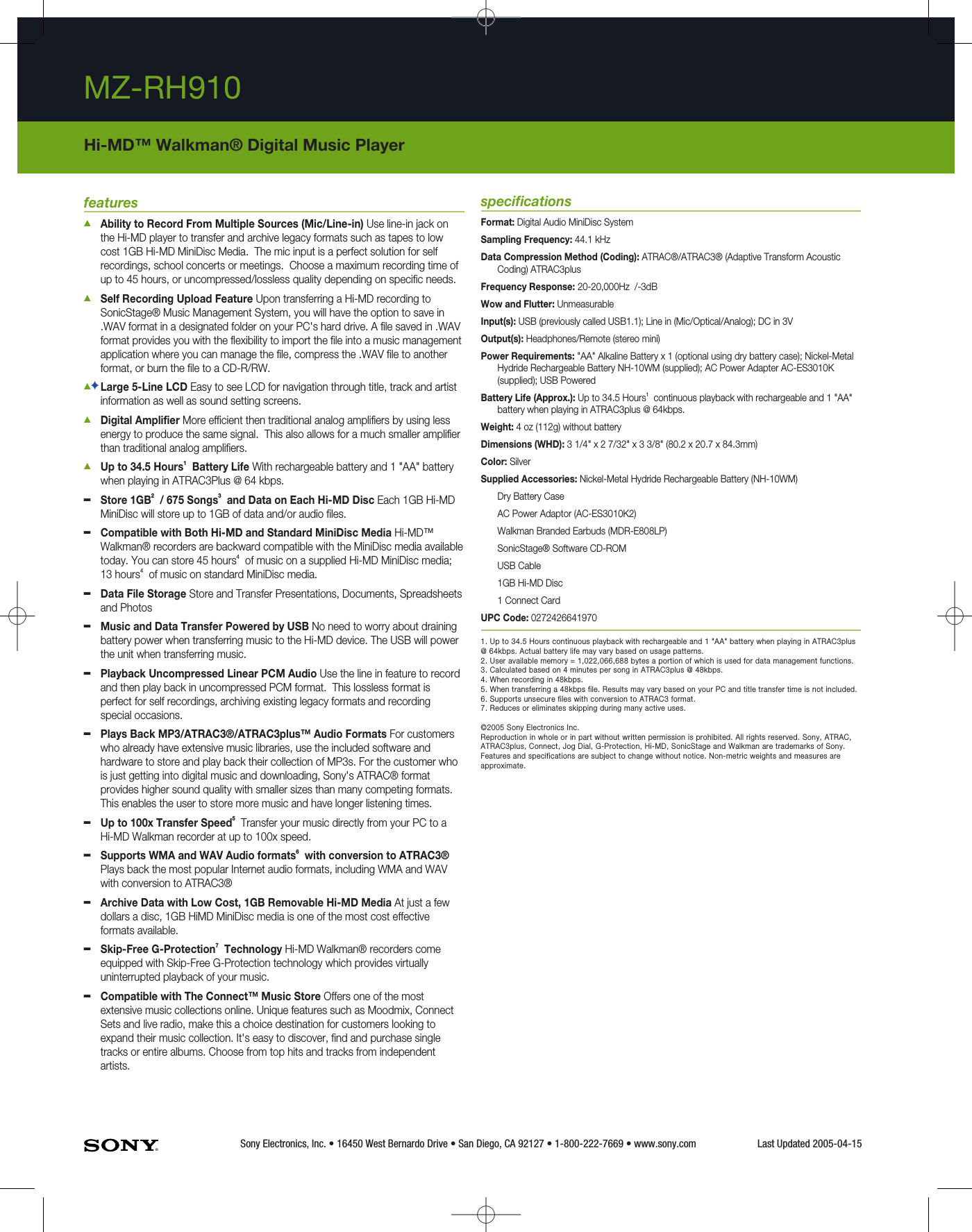 Page 2 of 2 - Sony MZ-RH910 User Manual Marketing Specifications MZRH910 Mksp