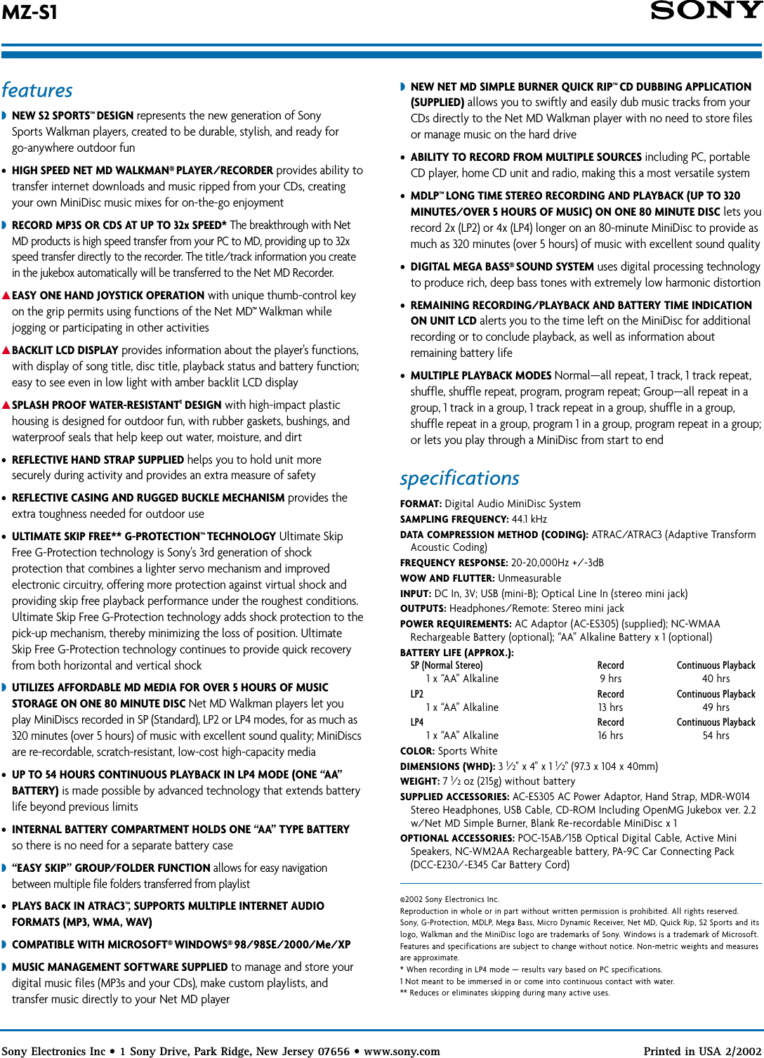 Page 2 of 2 - Sony MZ-S1 SON 907; User Manual Marketing Specifications MZS1 Sp