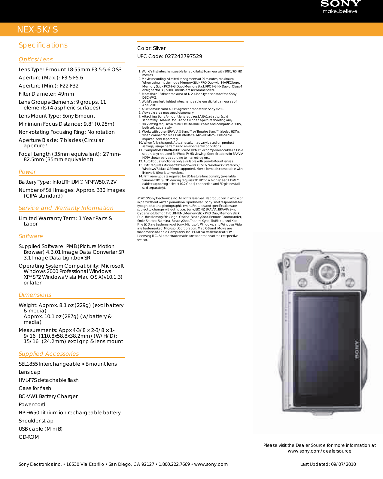 Sony NEX User Manual Marketing Specifications (NEX 5K Silver NEX5KS Mksp