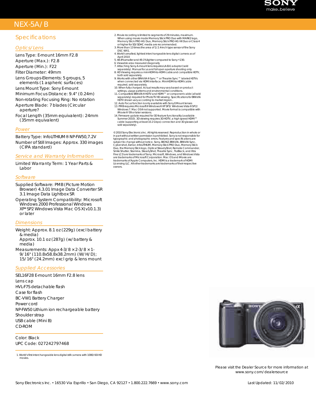 Page 2 of 2 - Sony NEX-5 User Manual Marketing Specifications (NEX-5A Black ) NEX5AB Mksp