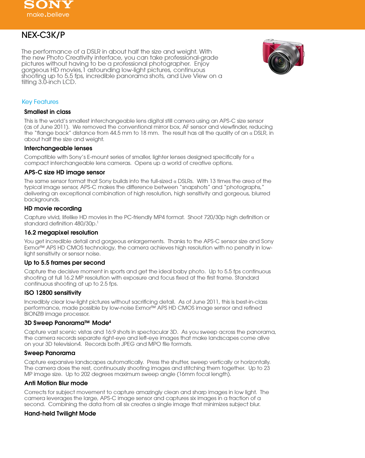 Sony Nex C3 User Manual Marketing Specifications Nex C3k P Pink Nexc3kp Mksp