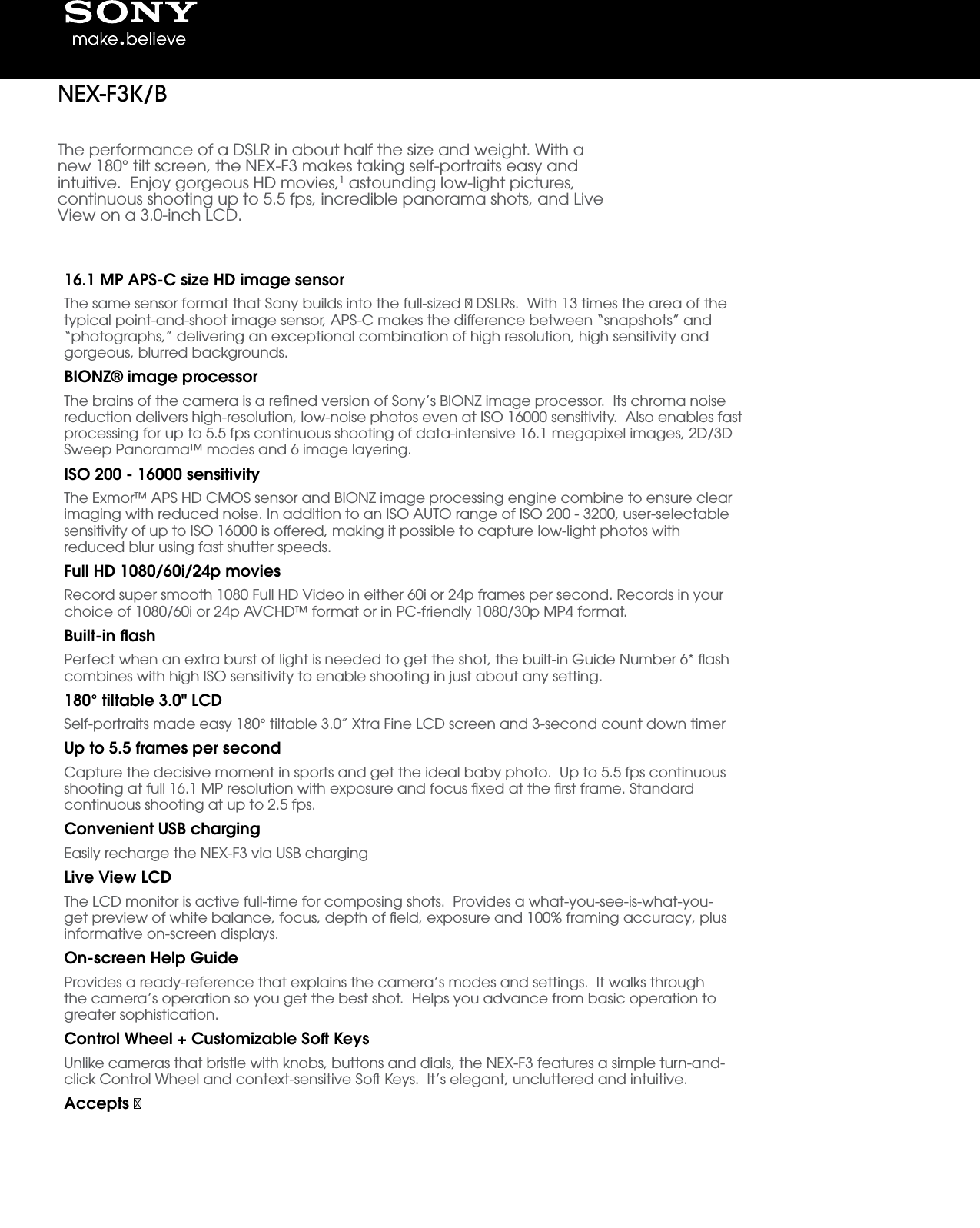 Page 1 of 4 - Sony NEX-F3 User Manual Marketing Specifications (NEX-F3K/B Black  With Lens) NEXF3KB Mksp