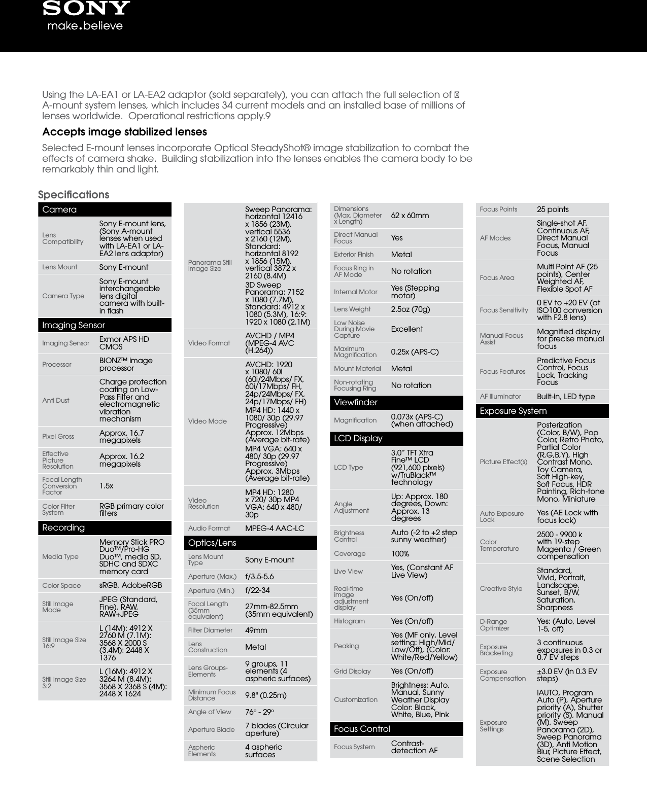 Page 2 of 4 - Sony NEX-F3 User Manual Marketing Specifications (NEX-F3K/B Black  With Lens) NEXF3KB Mksp