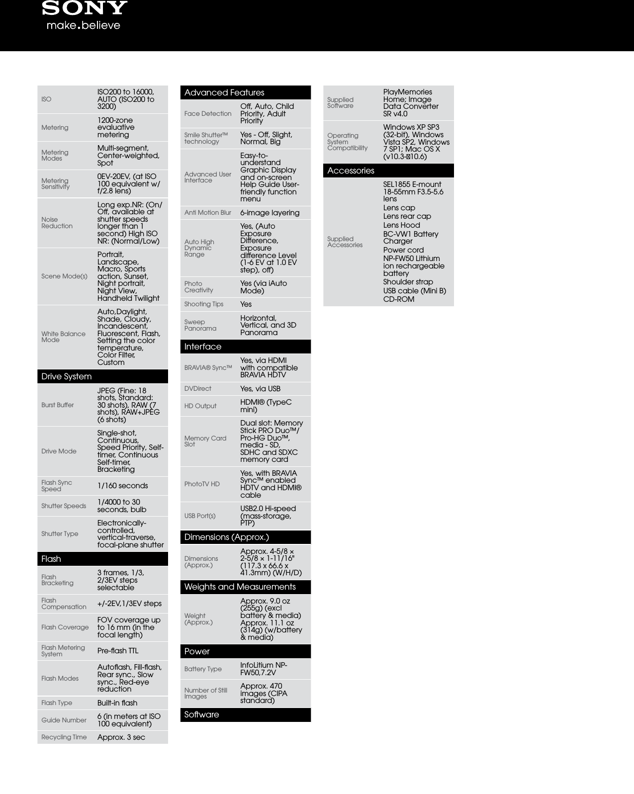 Page 3 of 4 - Sony NEX-F3 User Manual Marketing Specifications (NEX-F3K/B Black  With Lens) NEXF3KB Mksp