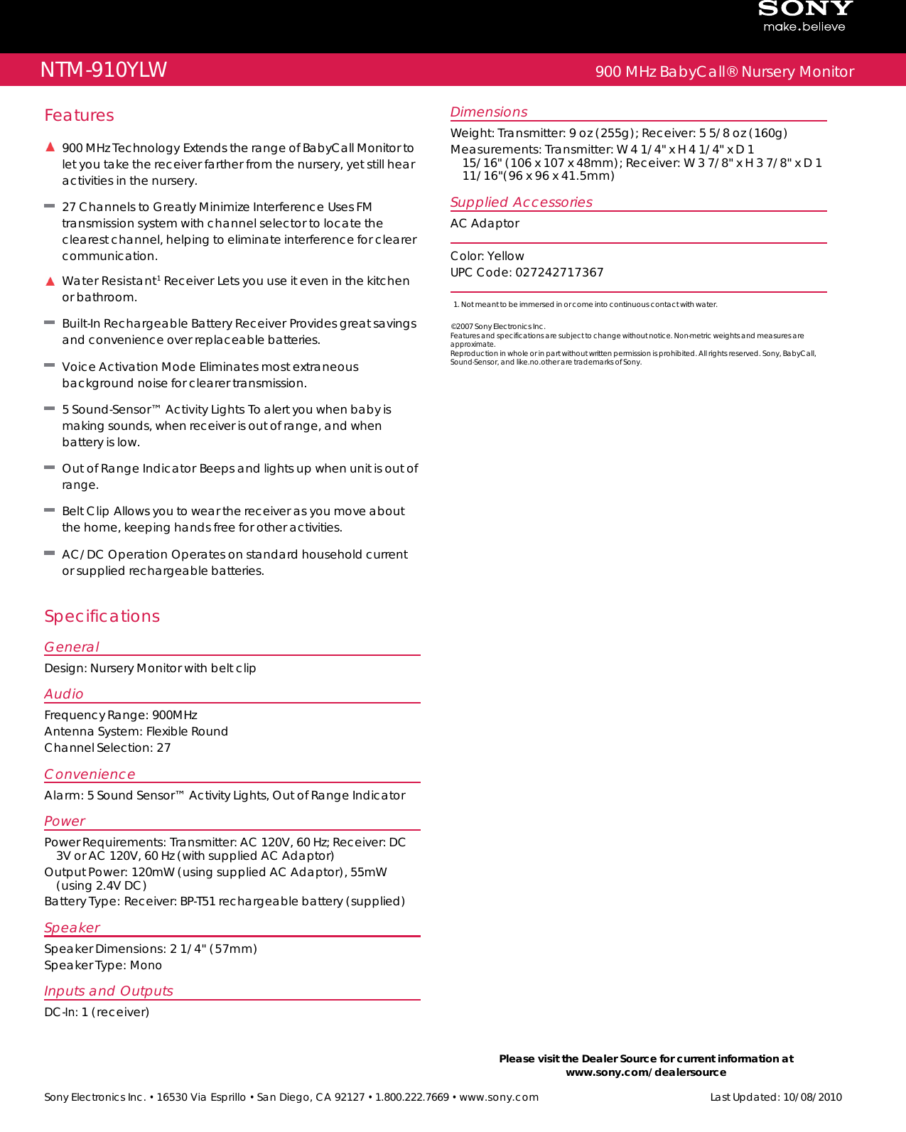 Page 2 of 2 - Sony NTM-910 User Manual Marketing Specifications NTM910 Mksp