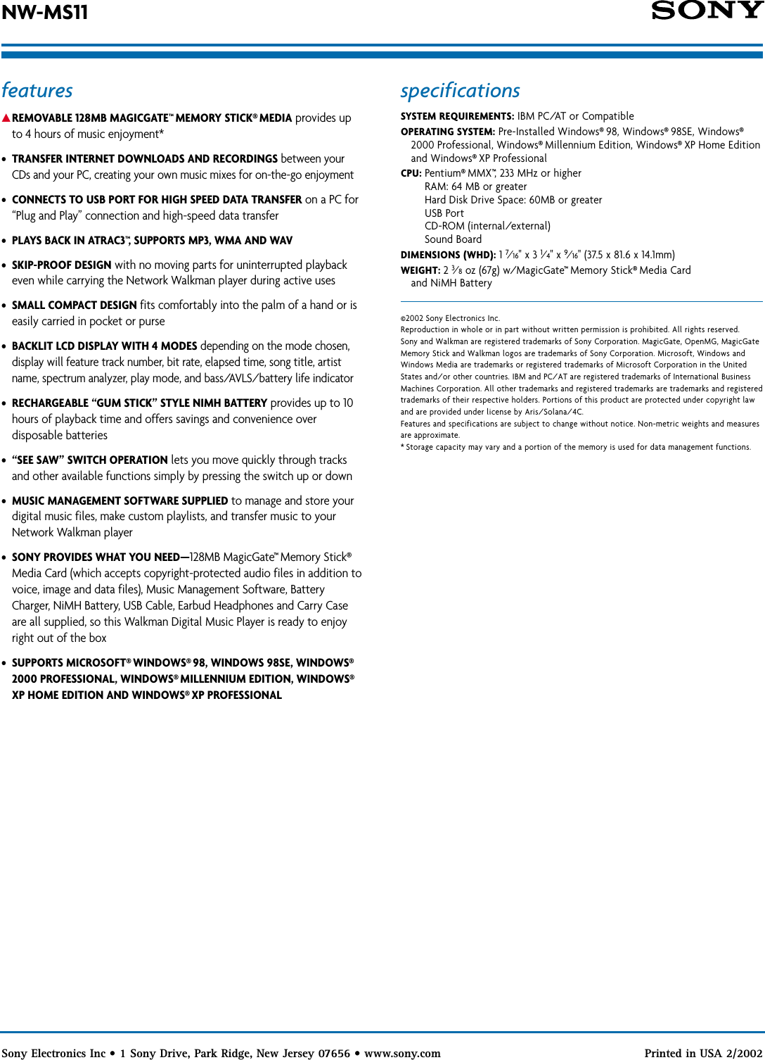 Page 2 of 2 - Sony NW-MS11 SON 907; User Manual Marketing Specifications NWMS11 Sp