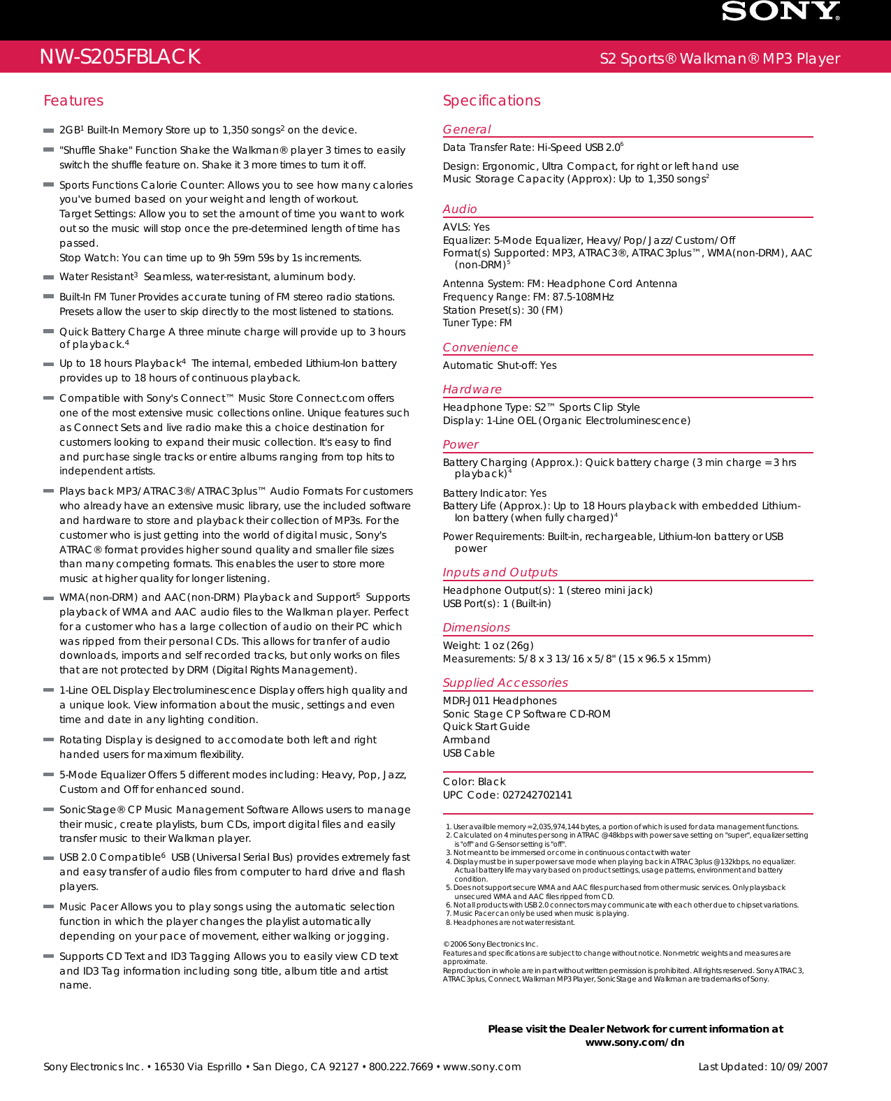 Page 2 of 2 - Sony NW-S205F User Manual Marketing Specifications NWS205FBLACK Mksp