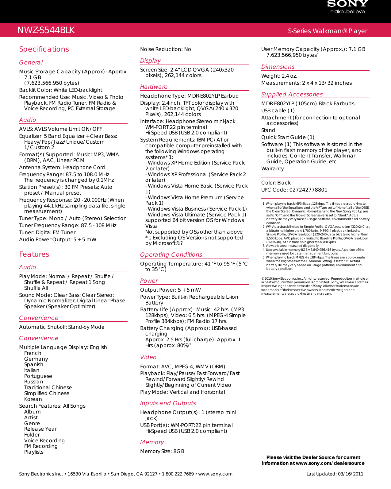 Page 2 of 2 - Sony NWZ-S544 User Manual Marketing Specifications (Black ) NWZS544BLK Mksp