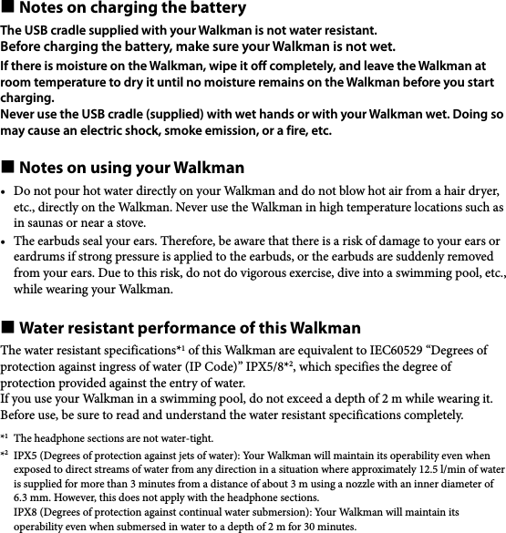 Page 2 of 2 - Sony NWZ-W273 User Manual Notes On Water Resistant Specifications (Please Read Before Using Your Walkman) Flyer 4449652121