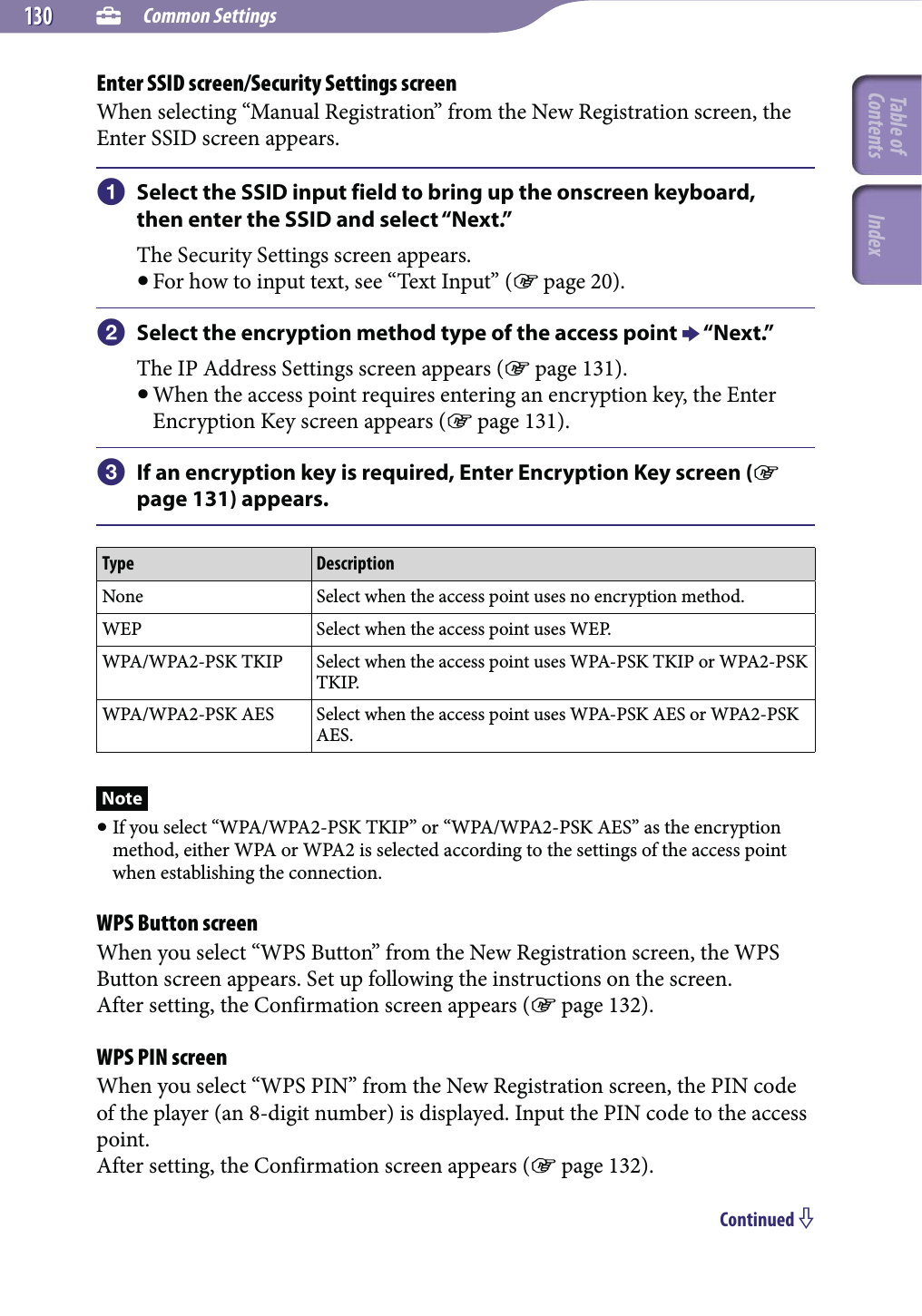  Common Settings130130Enter SSID screen/Security Settings screenWhen selecting “Manual Registration” from the New Registration screen, the Enter SSID screen appears. Select the SSID input field to bring up the onscreen keyboard, then enter the SSID and select “Next.”The Security Settings screen appears. For how to input text, see “Text Input” ( page 20). Select the encryption method type of the access point  “Next.”The IP Address Settings screen appears ( page 131). When the access point requires entering an encryption key, the Enter Encryption Key screen appears ( page 131). If an encryption key is required, Enter Encryption Key screen ( page 131) appears.Type DescriptionNone Select when the access point uses no encryption method.WEP Select when the access point uses WEP.WPA/WPA2-PSK TKIP Select when the access point uses WPA-PSK TKIP or WPA2-PSK TKIP.WPA/WPA2-PSK AES Select when the access point uses WPA-PSK AES or WPA2-PSK AES.Note If you select “WPA/WPA2-PSK TKIP” or “WPA/WPA2-PSK AES” as the encryption method, either WPA or WPA2 is selected according to the settings of the access point when establishing the connection.WPS Button screenWhen you select “WPS Button” from the New Registration screen, the WPS Button screen appears. Set up following the instructions on the screen.After setting, the Confirmation screen appears ( page 132).WPS PIN screenWhen you select “WPS PIN” from the New Registration screen, the PIN code of the player (an 8-digit number) is displayed. Input the PIN code to the access point.After setting, the Confirmation screen appears ( page 132).Continued Table of Contents Index