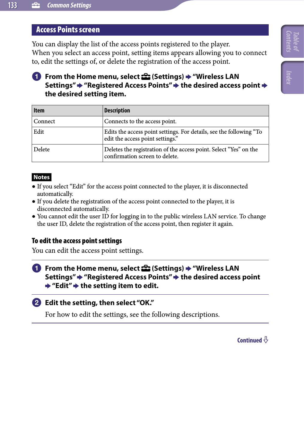  Common Settings133133Access Points screenYou can display the list of the access points registered to the player.When you select an access point, setting items appears allowing you to connect to, edit the settings of, or delete the registration of the access point. From the Home menu, select   (Settings)  “Wireless LAN Settings”  “Registered Access Points”  the desired access point  the desired setting item.Item DescriptionConnect Connects to the access point.Edit Edits the access point settings. For details, see the following “To edit the access point settings.”Delete Deletes the registration of the access point. Select “Yes” on the confirmation screen to delete.Notes If you select “Edit” for the access point connected to the player, it is disconnected automatically. If you delete the registration of the access point connected to the player, it is disconnected automatically. You cannot edit the user ID for logging in to the public wireless LAN service. To change the user ID, delete the registration of the access point, then register it again.To edit the access point settingsYou can edit the access point settings. From the Home menu, select   (Settings)  “Wireless LAN Settings”  “Registered Access Points”  the desired access point  “Edit”  the setting item to edit. Edit the setting, then select “OK.”For how to edit the settings, see the following descriptions.Continued Table of Contents Index