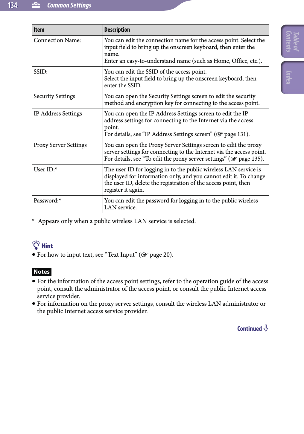  Common Settings134134Item DescriptionConnection Name: You can edit the connection name for the access point. Select the input field to bring up the onscreen keyboard, then enter the name.Enter an easy-to-understand name (such as Home, Office, etc.).SSID: You can edit the SSID of the access point.Select the input field to bring up the onscreen keyboard, then enter the SSID.Security Settings You can open the Security Settings screen to edit the security method and encryption key for connecting to the access point.IP Address Settings You can open the IP Address Settings screen to edit the IP address settings for connecting to the Internet via the access point.For details, see “IP Address Settings screen” ( page 131).Proxy Server Settings You can open the Proxy Server Settings screen to edit the proxy server settings for connecting to the Internet via the access point.For details, see “To edit the proxy server settings” ( page 135).User ID:* The user ID for logging in to the public wireless LAN service is displayed for information only, and you cannot edit it. To change the user ID, delete the registration of the access point, then register it again.Password:* You can edit the password for logging in to the public wireless LAN service.*  Appears only when a public wireless LAN service is selected. Hint For how to input text, see “Text Input” ( page 20).Notes For the information of the access point settings, refer to the operation guide of the access point, consult the administrator of the access point, or consult the public Internet access service provider. For information on the proxy server settings, consult the wireless LAN administrator or the public Internet access service provider.Continued Table of Contents Index
