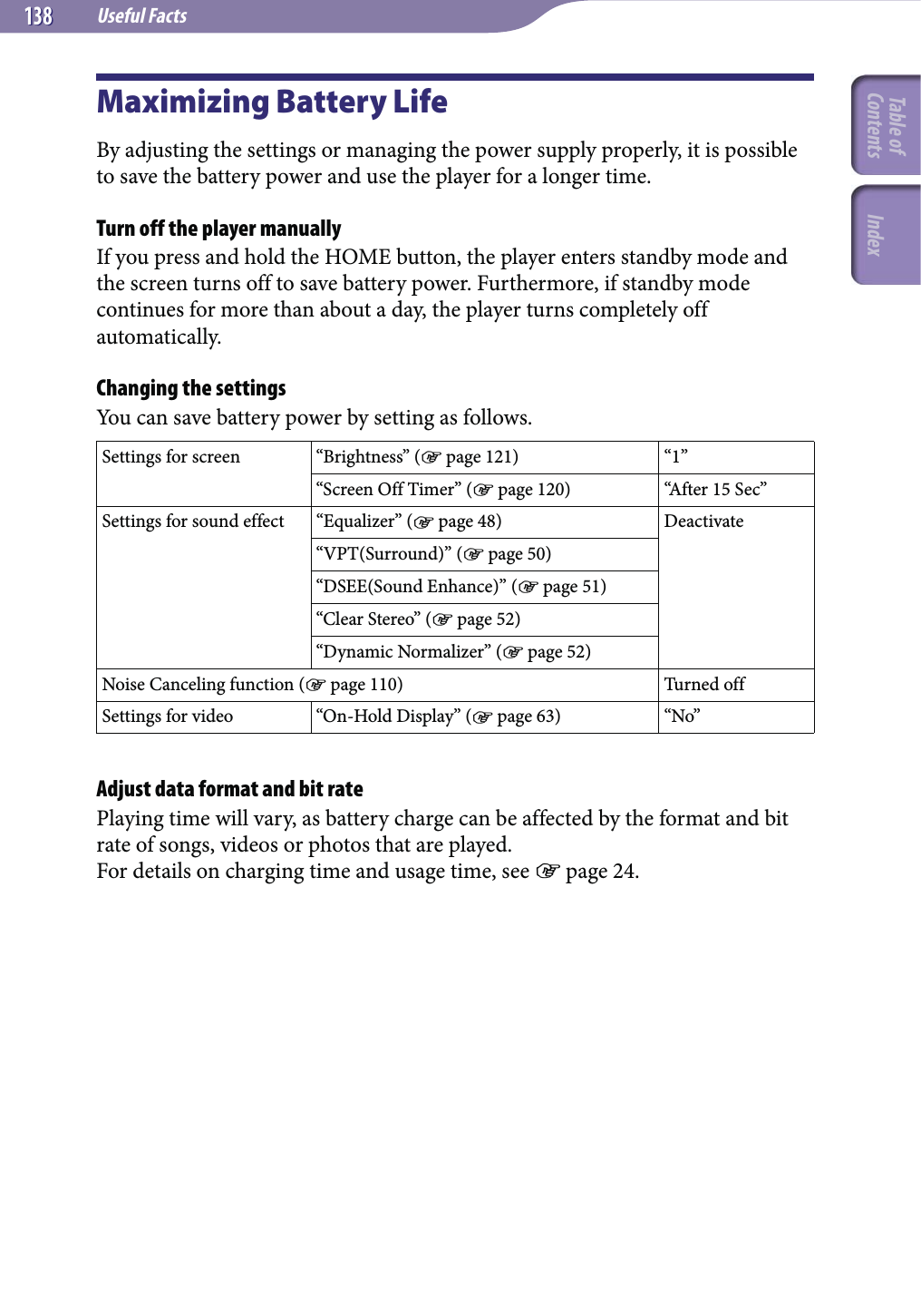 Useful Facts138138Maximizing Battery LifeBy adjusting the settings or managing the power supply properly, it is possible to save the battery power and use the player for a longer time.Turn off the player manuallyIf you press and hold the HOME button, the player enters standby mode and the screen turns off to save battery power. Furthermore, if standby mode continues for more than about a day, the player turns completely off automatically.Changing the settingsYou can save battery power by setting as follows.Settings for screen “Brightness” ( page 121) “1”“Screen Off Timer” ( page 120) “After 15 Sec”Settings for sound effect “Equalizer” ( page 48) Deactivate“VPT(Surround)” ( page 50)“DSEE(Sound Enhance)” ( page 51)“Clear Stereo” ( page 52)“Dynamic Normalizer” ( page 52)Noise Canceling function ( page 110) Turned offSettings for video “On-Hold Display” ( page 63) “No”Adjust data format and bit ratePlaying time will vary, as battery charge can be affected by the format and bit rate of songs, videos or photos that are played.For details on charging time and usage time, see  page 24.Table of Contents Index