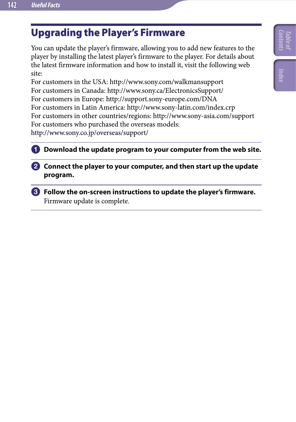 Useful Facts142142Upgrading the Player’s FirmwareYou can update the player’s firmware, allowing you to add new features to the player by installing the latest player’s firmware to the player. For details about the latest firmware information and how to install it, visit the following web site:For customers in the USA: http://www.sony.com/walkmansupportFor customers in Canada: http://www.sony.ca/ElectronicsSupport/For customers in Europe: http://support.sony-europe.com/DNAFor customers in Latin America: http://www.sony-latin.com/index.crpFor customers in other countries/regions: http://www.sony-asia.com/supportFor customers who purchased the overseas models:  http://www.sony.co.jp/overseas/support/ Download the update program to your computer from the web site. Connect the player to your computer, and then start up the update program. Follow the on-screen instructions to update the player’s firmware.Firmware update is complete.Table of Contents Index