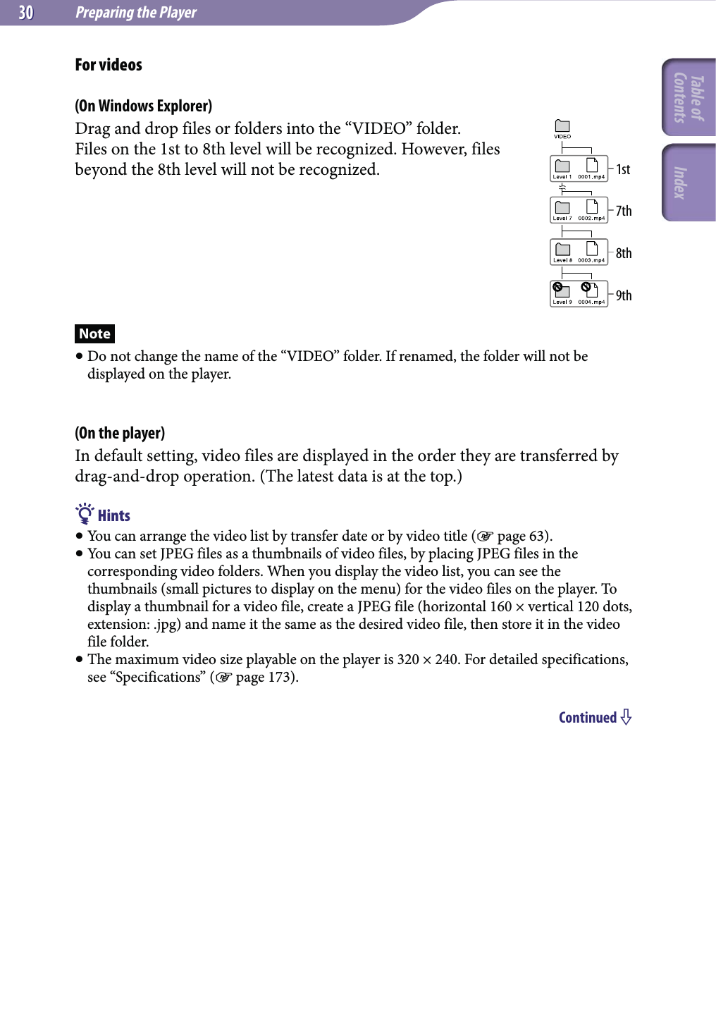 Preparing the Player3030For videos(On Windows Explorer)Drag and drop files or folders into the “VIDEO” folder.Files on the 1st to 8th level will be recognized. However, files beyond the 8th level will not be recognized.Note Do not change the name of the “VIDEO” folder. If renamed, the folder will not be displayed on the player.(On the player)In default setting, video files are displayed in the order they are transferred by drag-and-drop operation. (The latest data is at the top.) Hints You can arrange the video list by transfer date or by video title ( page 63). You can set JPEG files as a thumbnails of video files, by placing JPEG files in the corresponding video folders. When you display the video list, you can see the thumbnails (small pictures to display on the menu) for the video files on the player. To display a thumbnail for a video file, create a JPEG file (horizontal 160 × vertical 120 dots, extension: .jpg) and name it the same as the desired video file, then store it in the video file folder. The maximum video size playable on the player is 320 × 240. For detailed specifications, see “Specifications” ( page 173).Continued 1st7th8th9thTable of Contents Index