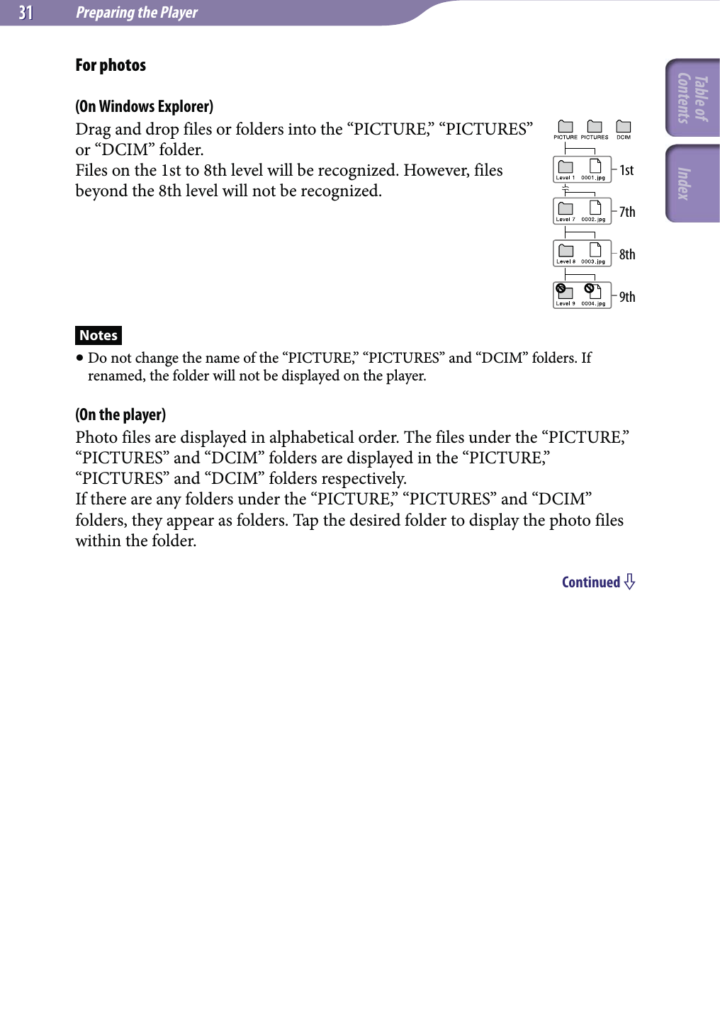 Preparing the Player3131For photos(On Windows Explorer)Drag and drop files or folders into the “PICTURE,” “PICTURES” or “DCIM” folder.Files on the 1st to 8th level will be recognized. However, files beyond the 8th level will not be recognized.Notes Do not change the name of the “PICTURE,” “PICTURES” and “DCIM” folders. If renamed, the folder will not be displayed on the player.(On the player)Photo files are displayed in alphabetical order. The files under the “PICTURE,” “PICTURES” and “DCIM” folders are displayed in the “PICTURE,” “PICTURES” and “DCIM” folders respectively.If there are any folders under the “PICTURE,” “PICTURES” and “DCIM” folders, they appear as folders. Tap the desired folder to display the photo files within the folder.Continued 1st7th8th9thTable of Contents Index