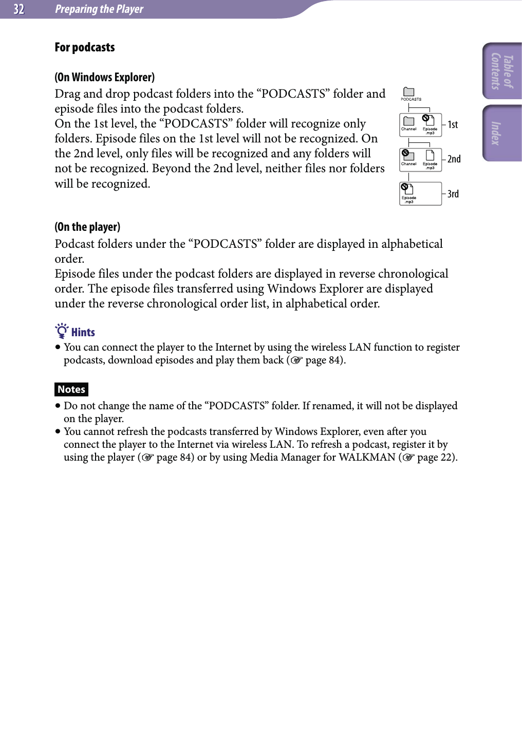 Preparing the Player3232For podcasts(On Windows Explorer)Drag and drop podcast folders into the “PODCASTS” folder and episode files into the podcast folders.On the 1st level, the “PODCASTS” folder will recognize only folders. Episode files on the 1st level will not be recognized. On the 2nd level, only files will be recognized and any folders will not be recognized. Beyond the 2nd level, neither files nor folders will be recognized.(On the player)Podcast folders under the “PODCASTS” folder are displayed in alphabetical order.Episode files under the podcast folders are displayed in reverse chronological order. The episode files transferred using Windows Explorer are displayed under the reverse chronological order list, in alphabetical order. Hints You can connect the player to the Internet by using the wireless LAN function to register podcasts, download episodes and play them back ( page 84).Notes Do not change the name of the “PODCASTS” folder. If renamed, it will not be displayed on the player. You cannot refresh the podcasts transferred by Windows Explorer, even after you connect the player to the Internet via wireless LAN. To refresh a podcast, register it by using the player ( page 84) or by using Media Manager for WALKMAN ( page 22).1st2nd3rdTable of Contents Index