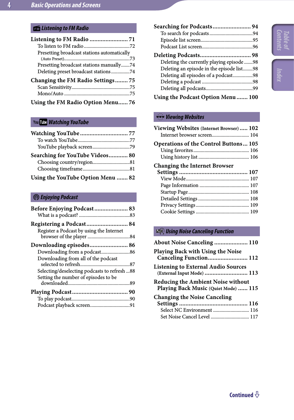 Basic Operations and Screens44 Listening to FM RadioListening to FM Radio ........................ 71To listen to FM radio .....................................72Presetting broadcast stations automatically (Auto Preset).....................................................73Presetting broadcast stations manually .......74Deleting preset broadcast stations ...............74Changing the FM Radio Settings ........ 75Scan Sensitivity ...............................................75Mono/Auto .....................................................75Using the FM Radio Option Menu ...... 76 Watching YouTubeWatching YouTube .............................. 77To watch YouTube ..........................................77YouTube playback screen ..............................79Searching for YouTube Videos ............ 80Choosing country/region..............................81Choosing timeframe ......................................81Using the YouTube Option Menu ....... 82 Enjoying PodcastBefore Enjoying Podcast ..................... 83What is a podcast? .........................................83Registering a Podcast .......................... 84Register a Podcast by using the Internet browser of the player ..................................84Downloading episodes ........................ 86Downloading from a podcast .......................86Downloading from all of the podcast  selected to refresh ........................................87Selecting/deselecting podcasts to refresh ...88Setting the number of episodes to be downloaded..................................................89Playing Podcast ................................... 90To play podcast ...............................................90Podcast playback screen ................................91Searching for Podcasts ........................ 94To search for podcasts ...................................94Episode list screen ..........................................95Podcast List screen .........................................96Deleting Podcasts ................................ 98Deleting the currently playing episode .......98Deleting an episode in the episode list ........98Deleting all episodes of a podcast ................98Deleting a podcast .........................................98Deleting all podcasts ......................................99Using the Podcast Option Menu ....... 100 Viewing WebsitesViewing Websites (Internet Browser) ..... 102Internet browser screen .............................. 104Operations of the Control Buttons ... 105Using favorites ............................................. 106Using history list ......................................... 106Changing the Internet Browser  Settings ........................................... 107View Mode ................................................... 107Page Information ........................................ 107Startup Page ................................................. 108Detailed Settings ......................................... 108Privacy Settings ........................................... 109Cookie Settings ........................................... 109 Using Noise Canceling FunctionAbout Noise Canceling ..................... 110Playing Back with Using the Noise Canceling Function ......................... 112Listening to External Audio Sources (External Input Mode) ........................... 113Reducing the Ambient Noise without Playing Back Music (Quiet Mode) ...... 115Changing the Noise Canceling  Settings ........................................... 116Select NC Environment ............................. 116Set Noise Cancel Level ............................... 117Continued Table of Contents Index