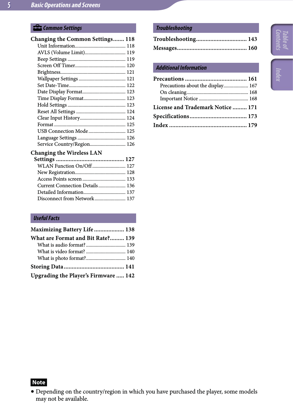 Basic Operations and Screens55 Common SettingsChanging the Common Settings ....... 118Unit Information ......................................... 118AVLS (Volume Limit) ................................. 119Beep Settings ............................................... 119Screen Off Timer......................................... 120Brightness..................................................... 121Wallpaper Settings ...................................... 121Set Date-Time .............................................. 122Date Display Format ................................... 123Time Display Format .................................. 123Hold Settings ............................................... 123Reset All Settings ........................................ 124Clear Input History ..................................... 124Format .......................................................... 125USB Connection Mode .............................. 125Language Settings ....................................... 126Service Country/Region............................. 126Changing the Wireless LAN  Settings ........................................... 127WLAN Function On/Off ........................... 127New Registration ......................................... 128Access Points screen ................................... 133Current Connection Details ...................... 136Detailed Information .................................. 137Disconnect from Network ......................... 137Useful FactsMaximizing Battery Life ................... 138What are Format and Bit Rate? ......... 139What is audio format? ................................ 139What is video format? ................................ 140What is photo format? ................................ 140Storing Data ...................................... 141Upgrading the Player’s Firmware ..... 142TroubleshootingTroubleshooting ................................ 143Messages ............................................ 160Additional InformationPrecautions ....................................... 161Precautions about the display .................... 167On cleaning .................................................. 168Important Notice ........................................ 168License and Trademark Notice ......... 171Specifications .................................... 173Index ................................................. 179Note Depending on the country/region in which you have purchased the player, some models may not be available.Table of Contents Index