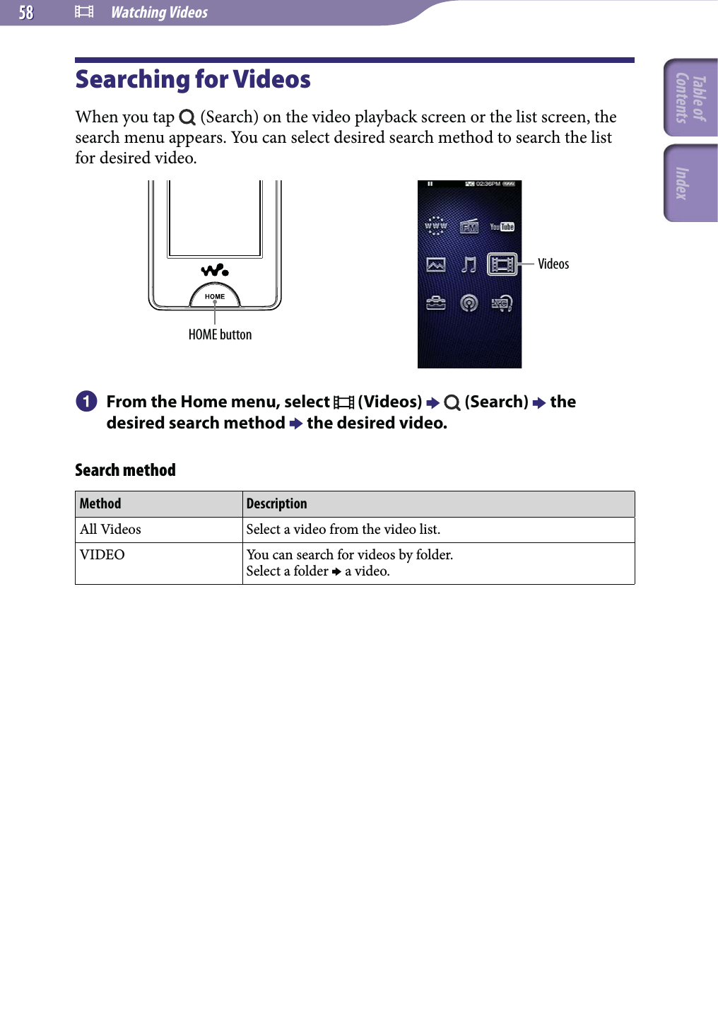  Watching Videos5858Searching for VideosWhen you tap   (Search) on the video playback screen or the list screen, the search menu appears. You can select desired search method to search the list for desired video.HOME buttonVideos  From the Home menu, select   (Videos)    (Search)  the desired search method  the desired video.Search methodMethod DescriptionAll Videos Select a video from the video list.VIDEO You can search for videos by folder.Select a folder  a video.Table of Contents Index