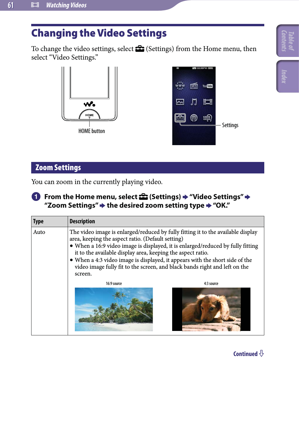  Watching Videos6161Changing the Video SettingsTo change the video settings, select   (Settings) from the Home menu, then select “Video Settings.”HOME button SettingsZoom SettingsYou can zoom in the currently playing video.  From the Home menu, select   (Settings)  “Video Settings”  “Zoom Settings”  the desired zoom setting type  “OK.”Type DescriptionAuto The video image is enlarged/reduced by fully fitting it to the available display area, keeping the aspect ratio. (Default setting) When a 16:9 video image is displayed, it is enlarged/reduced by fully fitting it to the available display area, keeping the aspect ratio. When a 4:3 video image is displayed, it appears with the short side of the video image fully fit to the screen, and black bands right and left on the screen.16:9 source 4:3 sourceContinued Table of Contents Index