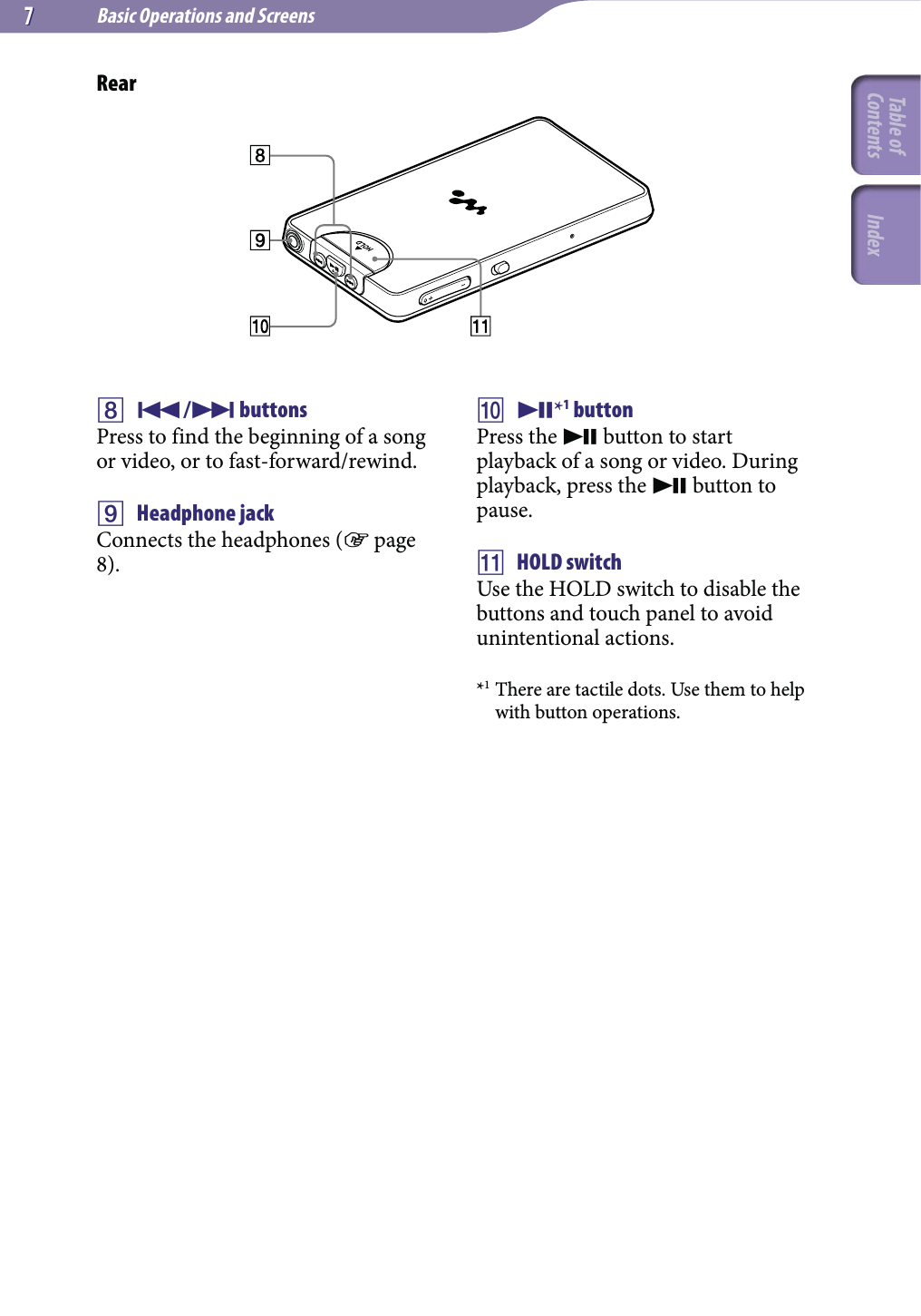 Basic Operations and Screens77Rear / buttonsPress to find the beginning of a song or video, or to fast-forward/rewind. Headphone jackConnects the headphones ( page 8). *1 buttonPress the  button to start playback of a song or video. During playback, press the  button to pause. HOLD switchUse the HOLD switch to disable the buttons and touch panel to avoid unintentional actions.*1 There are tactile dots. Use them to help with button operations.Table of Contents Index