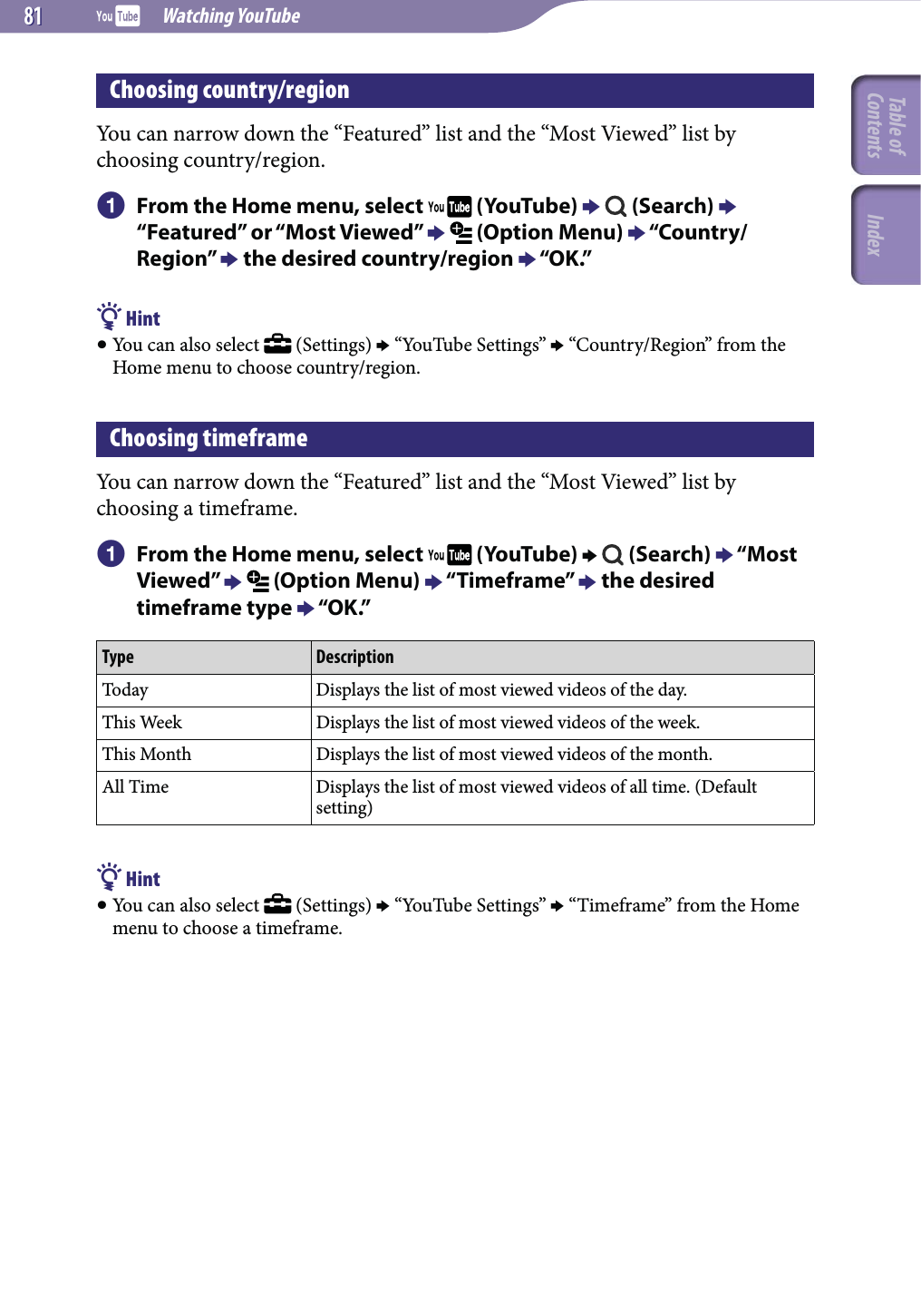  Watching YouTube8181Choosing country/regionYou can narrow down the “Featured” list and the “Most Viewed” list by choosing country/region. From the Home menu, select   (YouTube)    (Search)  “Featured” or “Most Viewed”   (Option Menu)  “Country/Region”  the desired country/region  “OK.” Hint You can also select   (Settings)  “YouTube Settings”  “Country/Region” from the Home menu to choose country/region.Choosing timeframeYou can narrow down the “Featured” list and the “Most Viewed” list by choosing a timeframe. From the Home menu, select   (YouTube)    (Search)  “Most Viewed”   (Option Menu)  “Timeframe”  the desired timeframe type  “OK.”Type DescriptionToday Displays the list of most viewed videos of the day.This Week Displays the list of most viewed videos of the week.This Month Displays the list of most viewed videos of the month.All Time Displays the list of most viewed videos of all time. (Default setting) Hint You can also select   (Settings)  “YouTube Settings”  “Timeframe” from the Home menu to choose a timeframe.Table of Contents Index