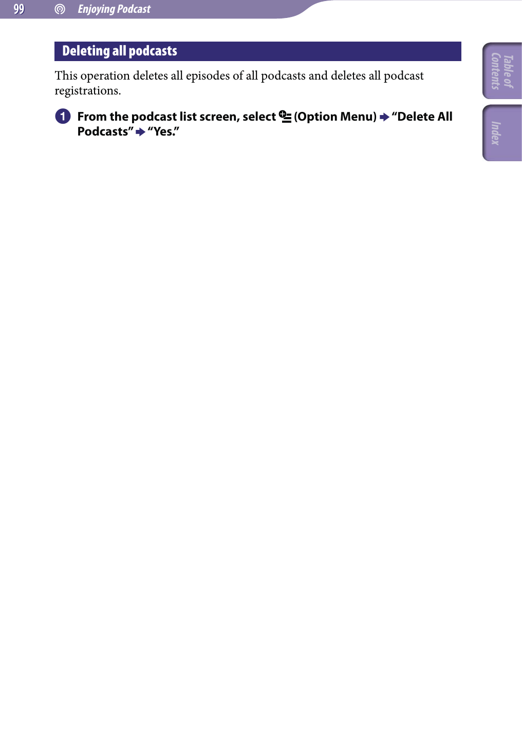  Enjoying Podcast9999Deleting all podcastsThis operation deletes all episodes of all podcasts and deletes all podcast registrations. From the podcast list screen, select   (Option Menu)  “Delete All Podcasts”  “Yes.”Table of Contents Index