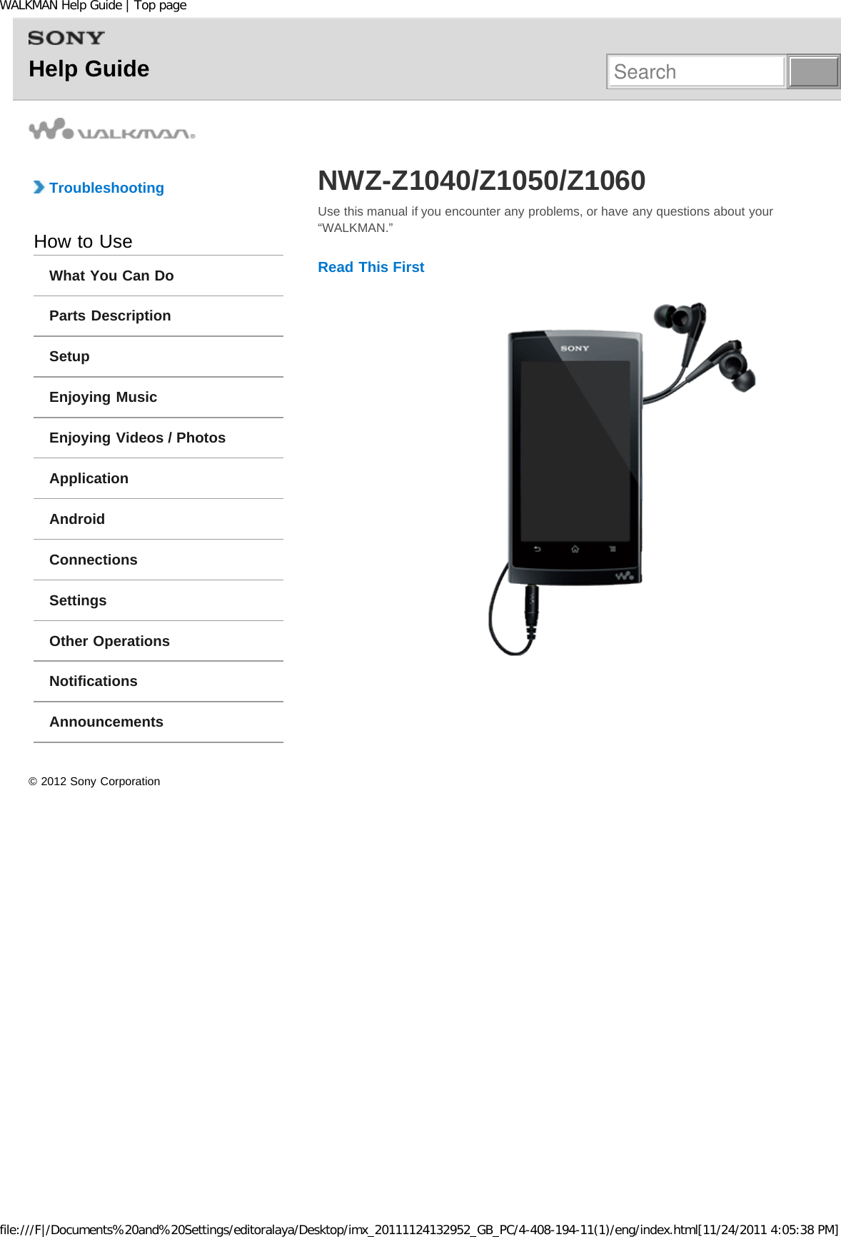 Page 1 of Sony NWZZ1000 Digital Media Player User Manual WALKMAN Help Guide   Top page