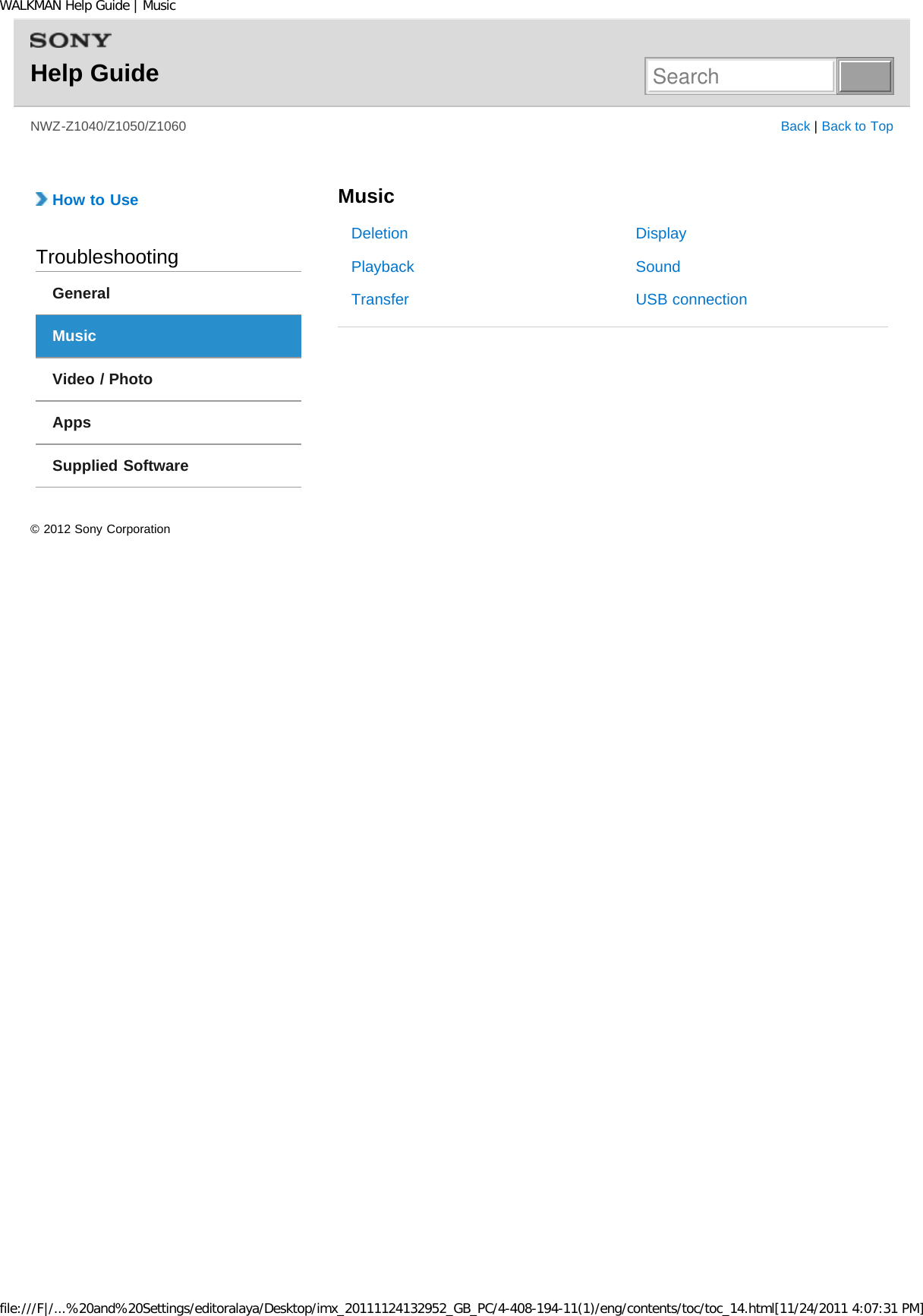 Page 104 of Sony NWZZ1000 Digital Media Player User Manual WALKMAN Help Guide   Top page