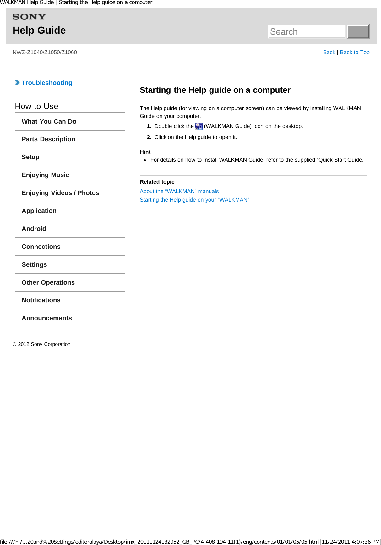 Page 109 of Sony NWZZ1000 Digital Media Player User Manual WALKMAN Help Guide   Top page