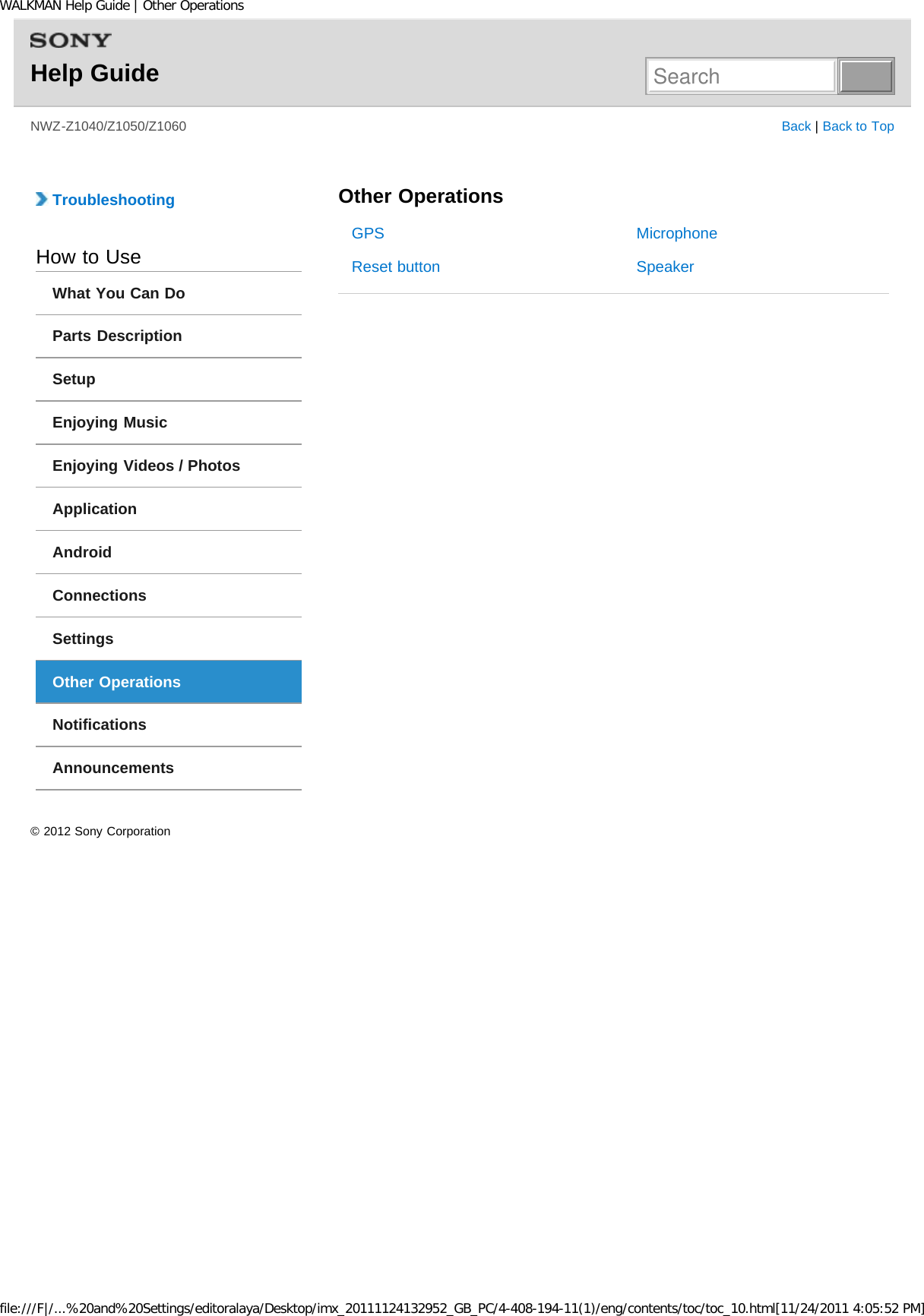 Page 11 of Sony NWZZ1000 Digital Media Player User Manual WALKMAN Help Guide   Top page