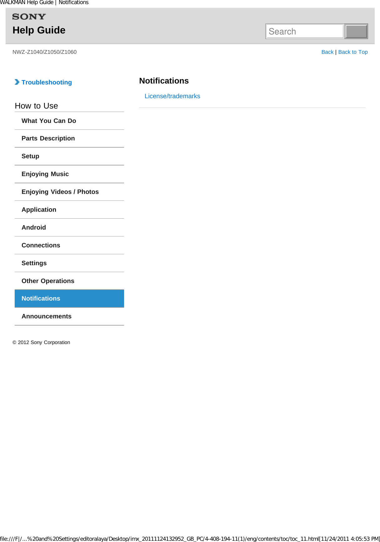 Page 12 of Sony NWZZ1000 Digital Media Player User Manual WALKMAN Help Guide   Top page