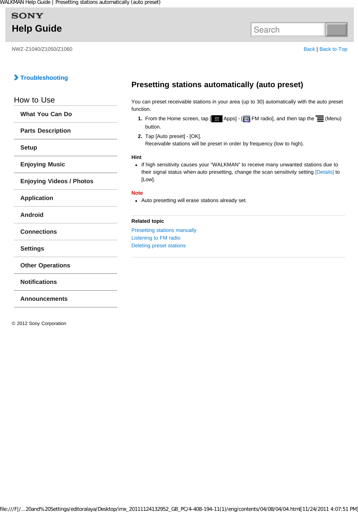 Page 123 of Sony NWZZ1000 Digital Media Player User Manual WALKMAN Help Guide   Top page