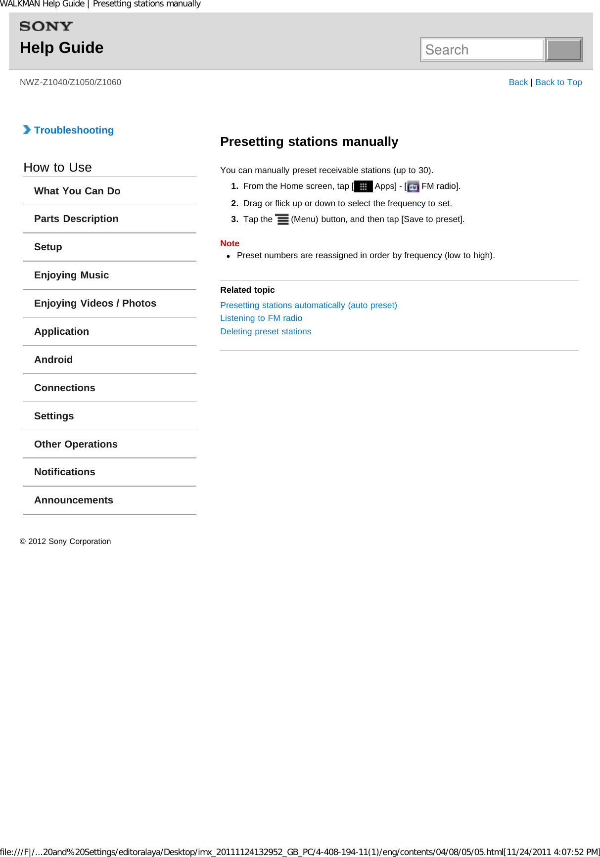 Page 124 of Sony NWZZ1000 Digital Media Player User Manual WALKMAN Help Guide   Top page