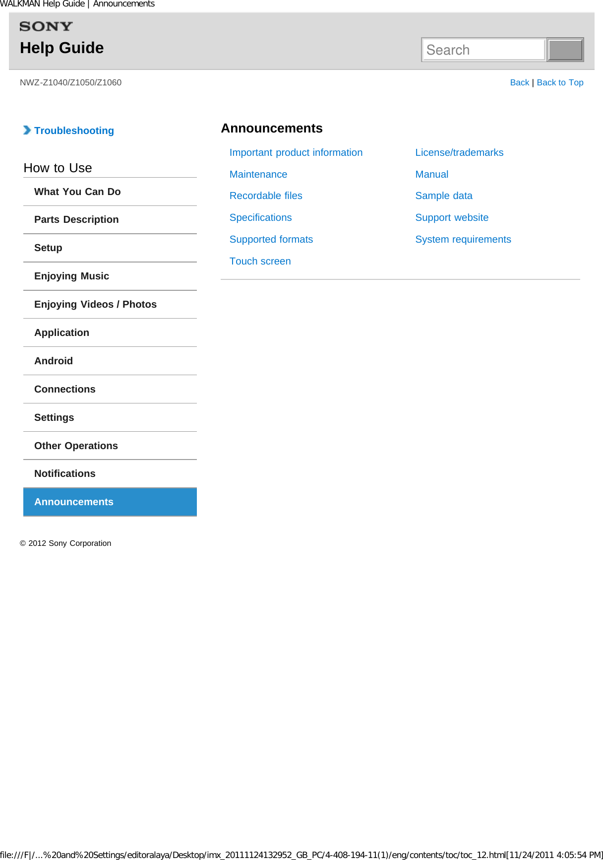 Page 13 of Sony NWZZ1000 Digital Media Player User Manual WALKMAN Help Guide   Top page