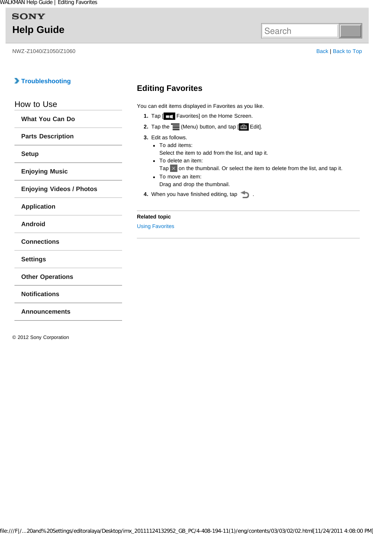 Page 131 of Sony NWZZ1000 Digital Media Player User Manual WALKMAN Help Guide   Top page