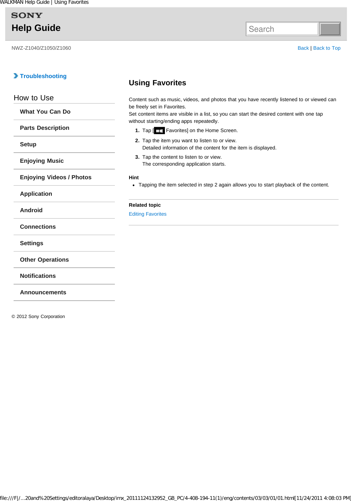 Page 133 of Sony NWZZ1000 Digital Media Player User Manual WALKMAN Help Guide   Top page