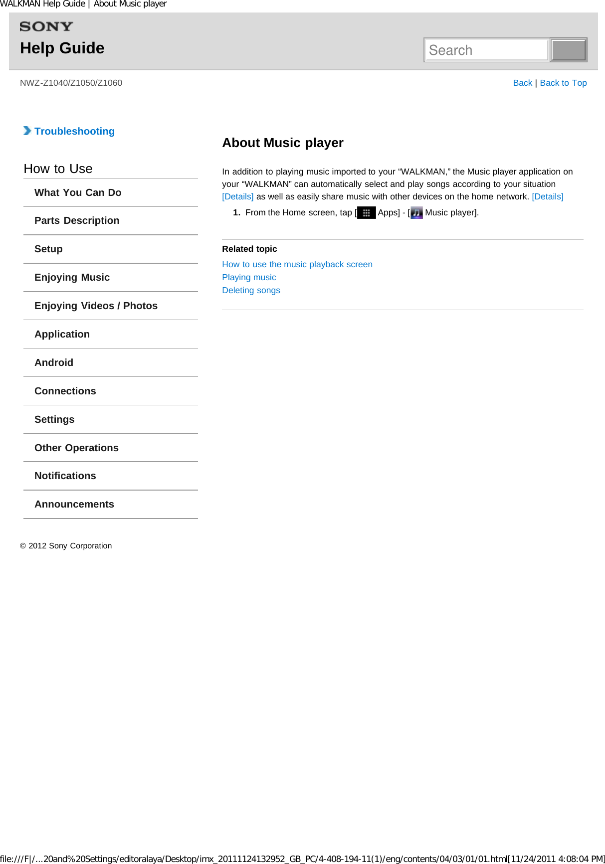 Page 134 of Sony NWZZ1000 Digital Media Player User Manual WALKMAN Help Guide   Top page