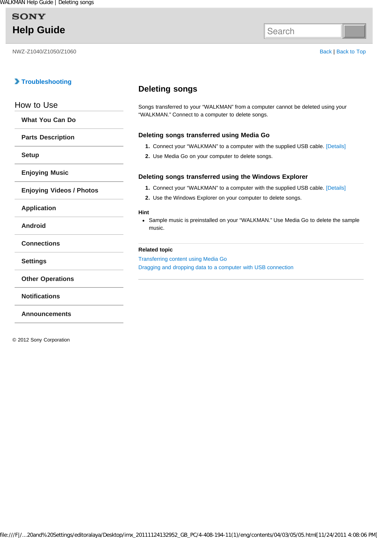 Page 136 of Sony NWZZ1000 Digital Media Player User Manual WALKMAN Help Guide   Top page