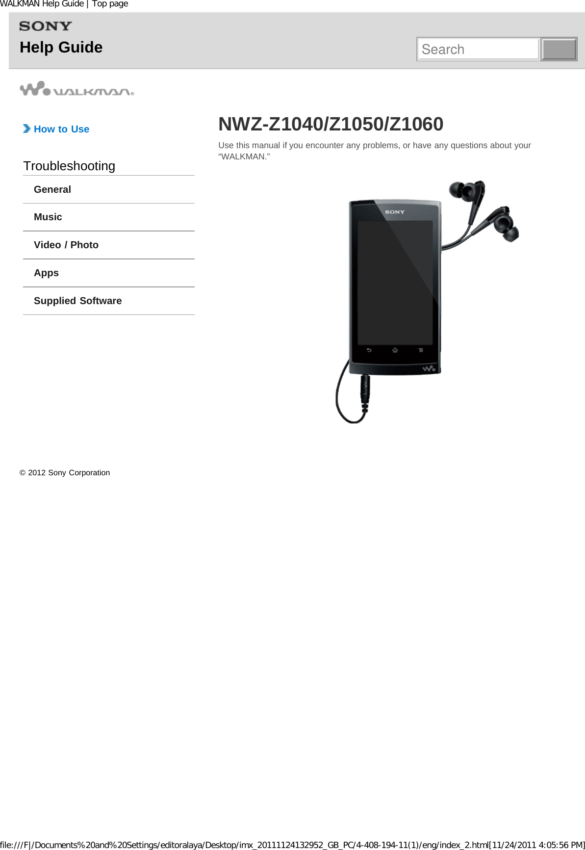 Page 14 of Sony NWZZ1000 Digital Media Player User Manual WALKMAN Help Guide   Top page