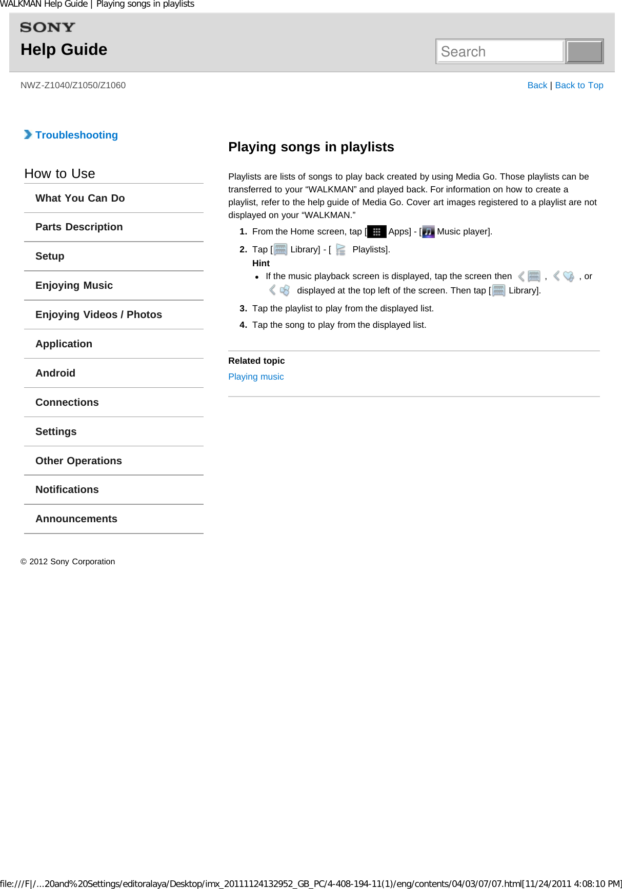 Page 140 of Sony NWZZ1000 Digital Media Player User Manual WALKMAN Help Guide   Top page