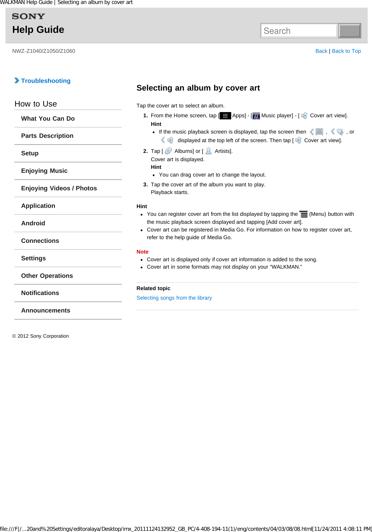 Page 141 of Sony NWZZ1000 Digital Media Player User Manual WALKMAN Help Guide   Top page