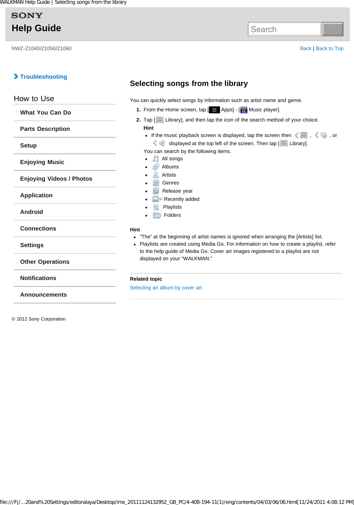 Page 142 of Sony NWZZ1000 Digital Media Player User Manual WALKMAN Help Guide   Top page