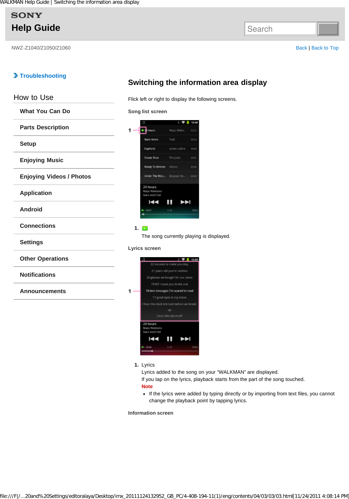 Page 143 of Sony NWZZ1000 Digital Media Player User Manual WALKMAN Help Guide   Top page