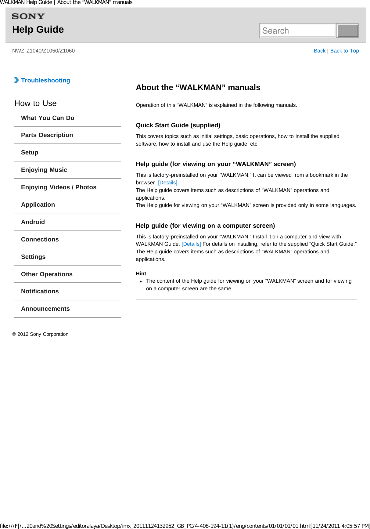 Page 15 of Sony NWZZ1000 Digital Media Player User Manual WALKMAN Help Guide   Top page