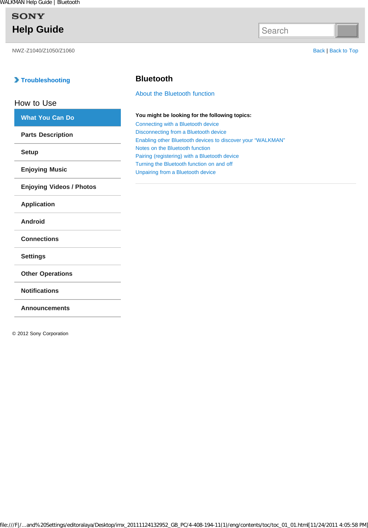 Page 16 of Sony NWZZ1000 Digital Media Player User Manual WALKMAN Help Guide   Top page