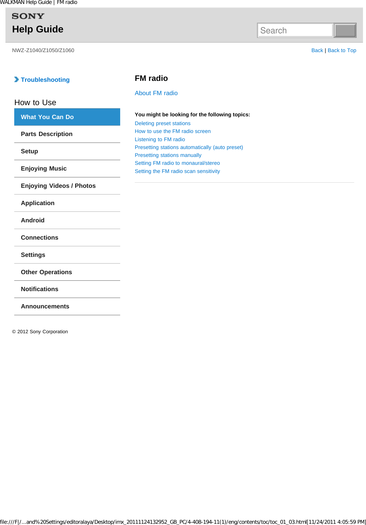 Page 17 of Sony NWZZ1000 Digital Media Player User Manual WALKMAN Help Guide   Top page