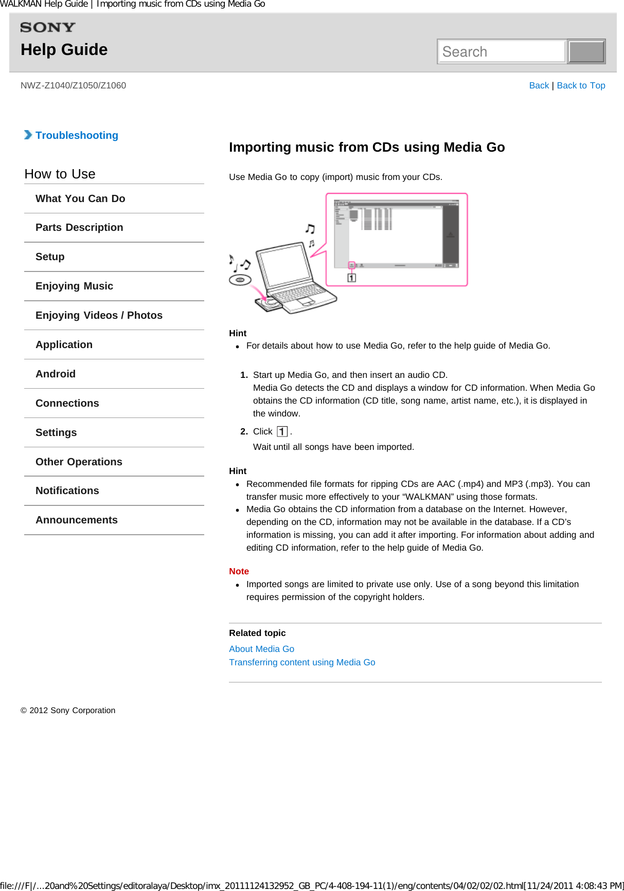 Page 173 of Sony NWZZ1000 Digital Media Player User Manual WALKMAN Help Guide   Top page